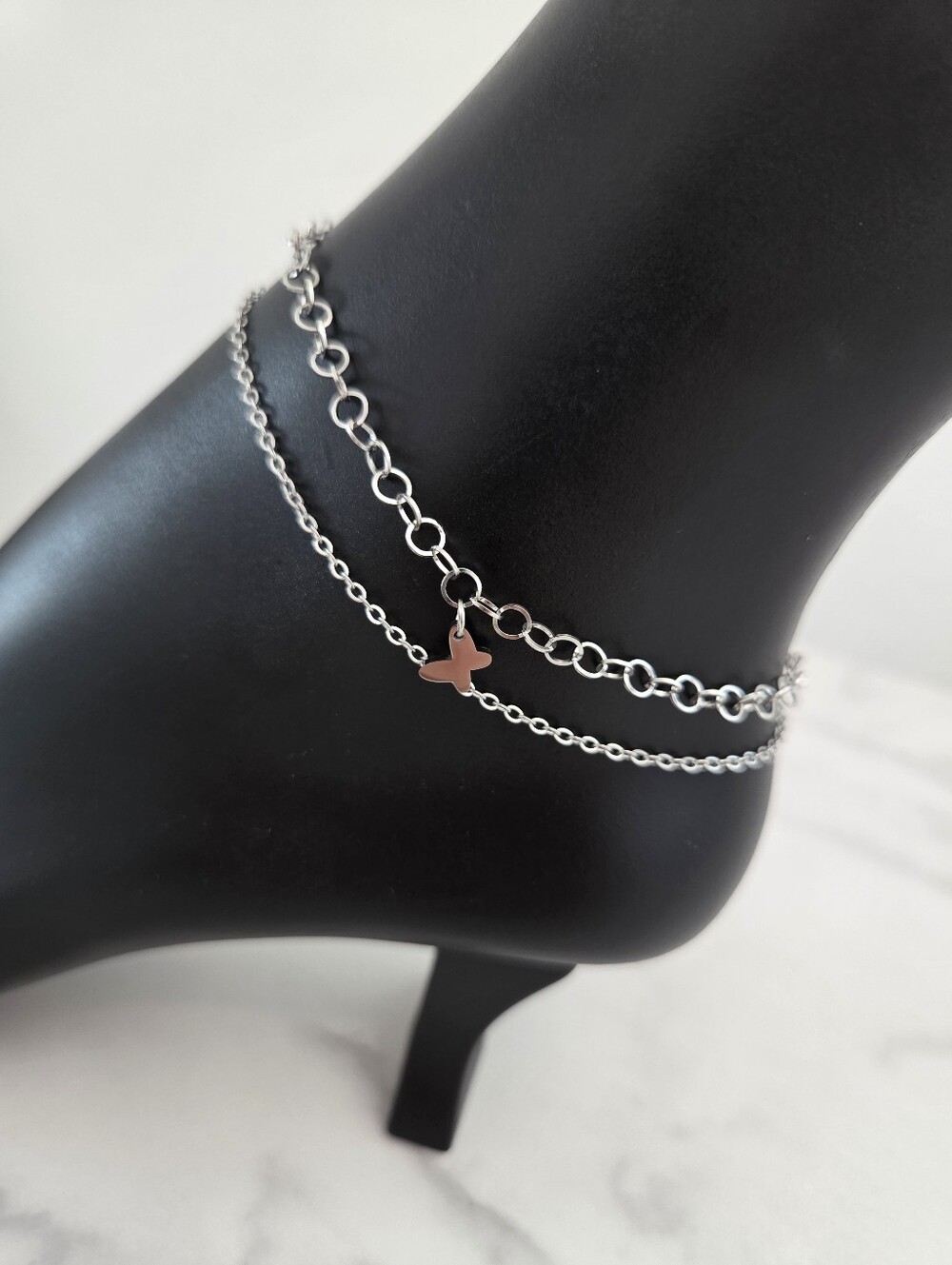 Silver Layered Butterfly Anklet Adjustable Double Chain Ankle Bracelet - Picture 3 of 12